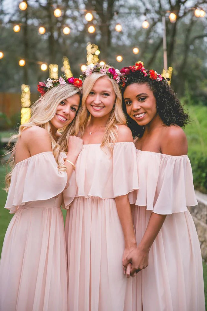 Luolandi A Line Long Chiffon Off the Shoulder Bridesmaid Dresses Charming Evening Party Dress